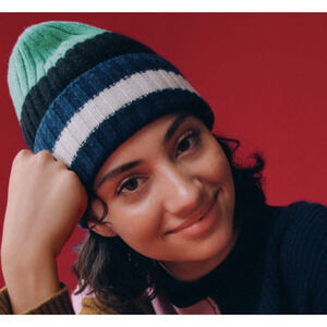 NWT Everlane Unisex Cashmere Wool Ribbed Multi-Stripe Beanie Green Navy OS